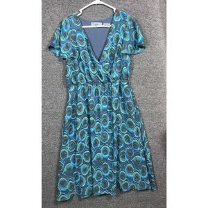 ModCloth Fits of Bliss Peacock Print Sheath Dress Womens Size L Blue V-Neck